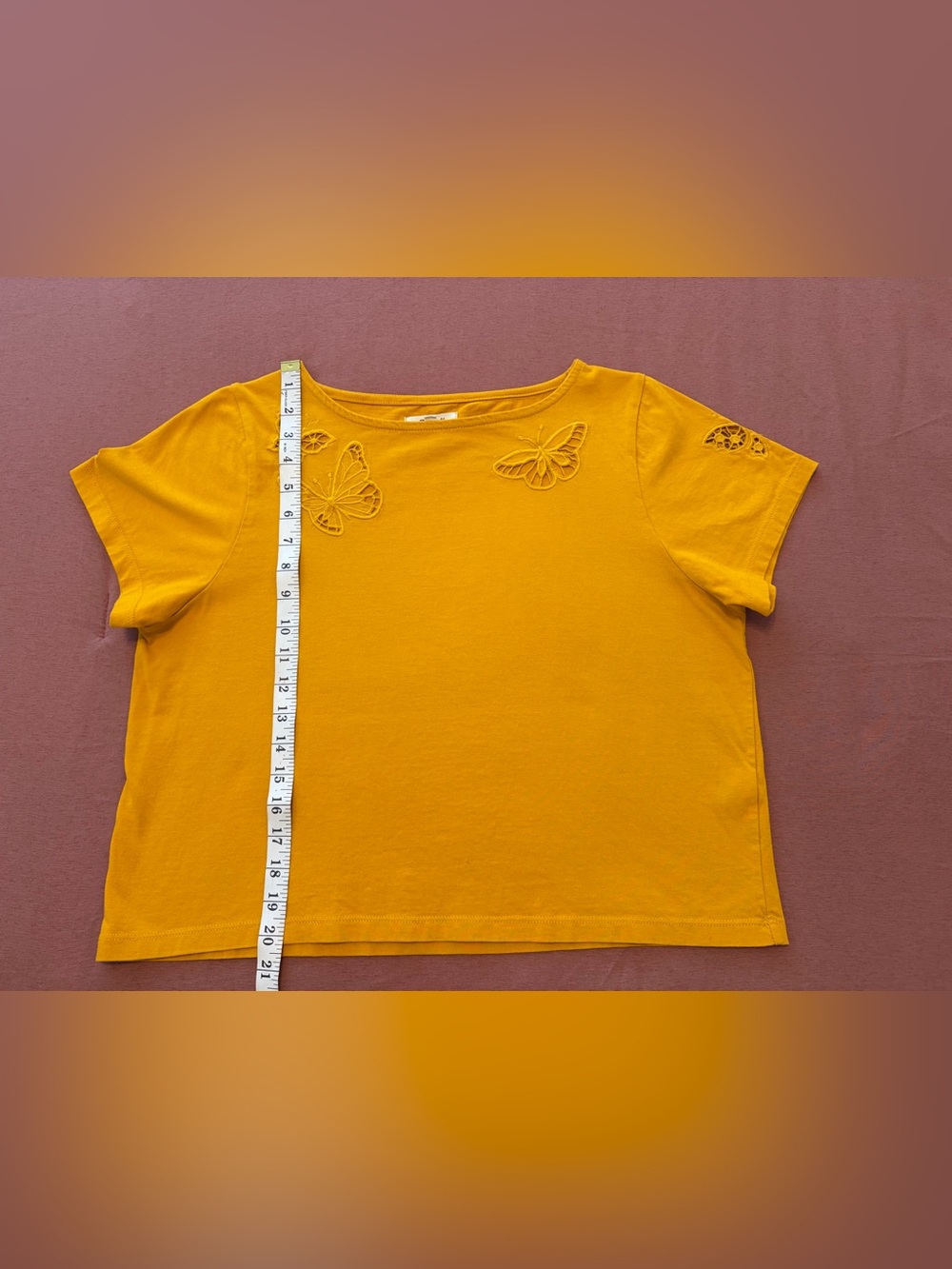 Women's Mustard Yellow Butterfly Cutout Short Sleeve Top - Picture 12 of 15
